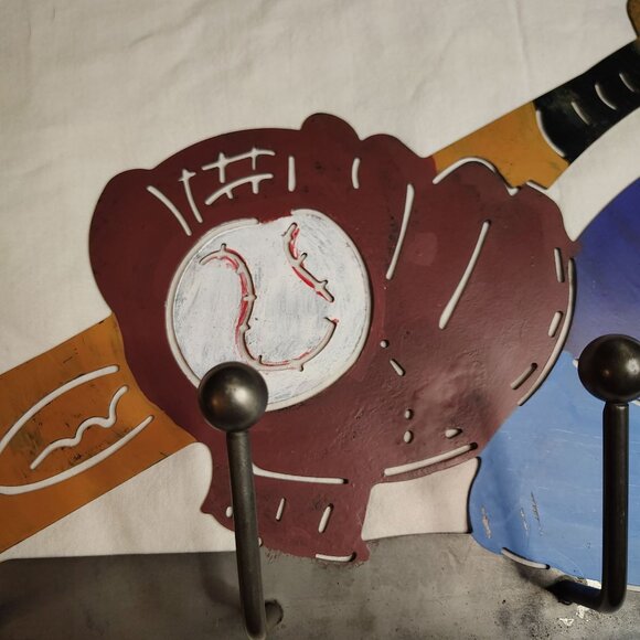 Baseball Wall Hook Rack Metal Baseball Glove Bat Helmet Decor Boys Room 4 Hooks - Picture 3 of 16